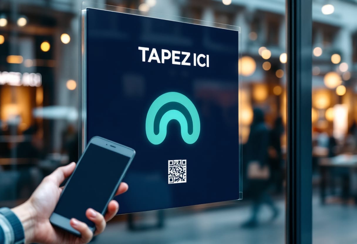 Grand carré NFC collé en vitrine, un passant tape son téléphone depuis la rue