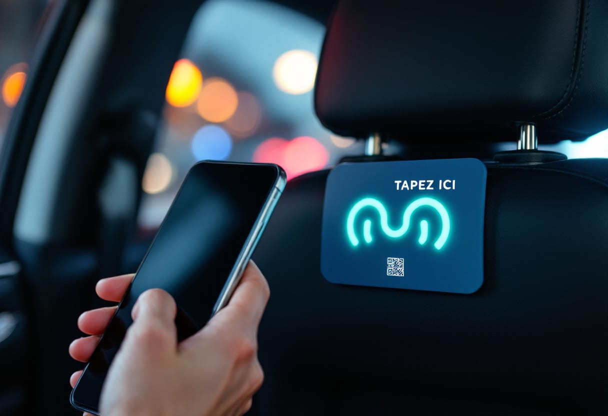Petit carré NFC collé sur un appui-tête de VTC, un passager approche son téléphone