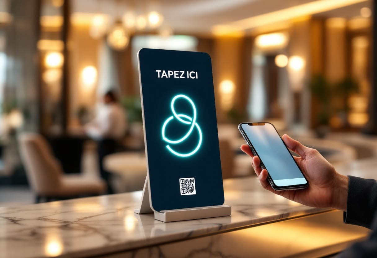 Grand présentoir NFC sur un comptoir de réception d'hôtel, un client tape son téléphone