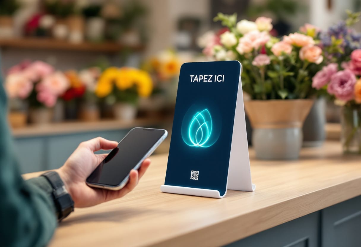 Présentoir NFC posé sur le comptoir d'un fleuriste, un client approche son téléphone